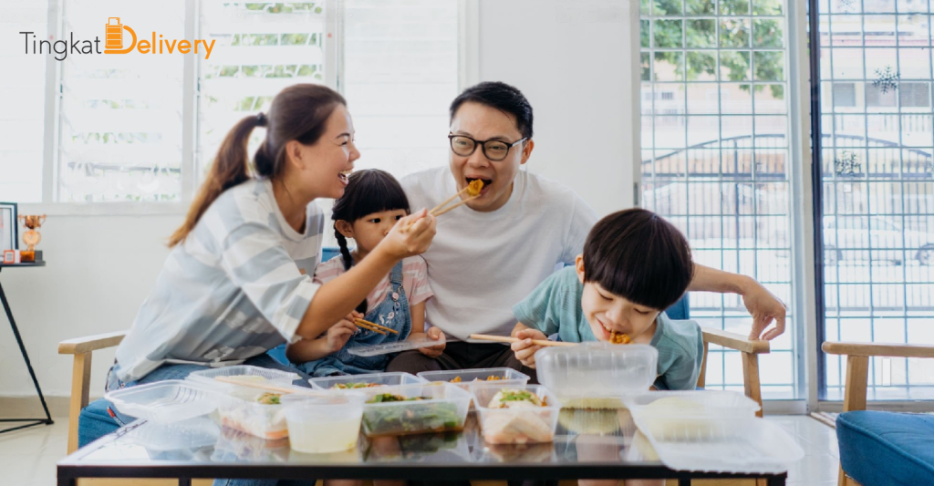 happy family of 4 dining - not eating processed foods